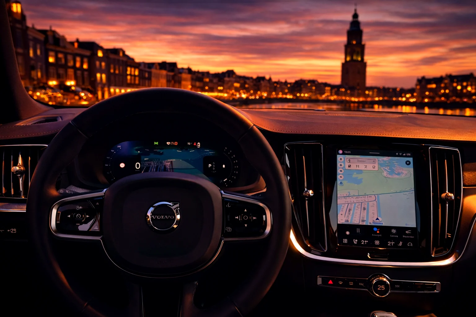Stuur en dashboard van de lesauto met de Martinitoren in de avond