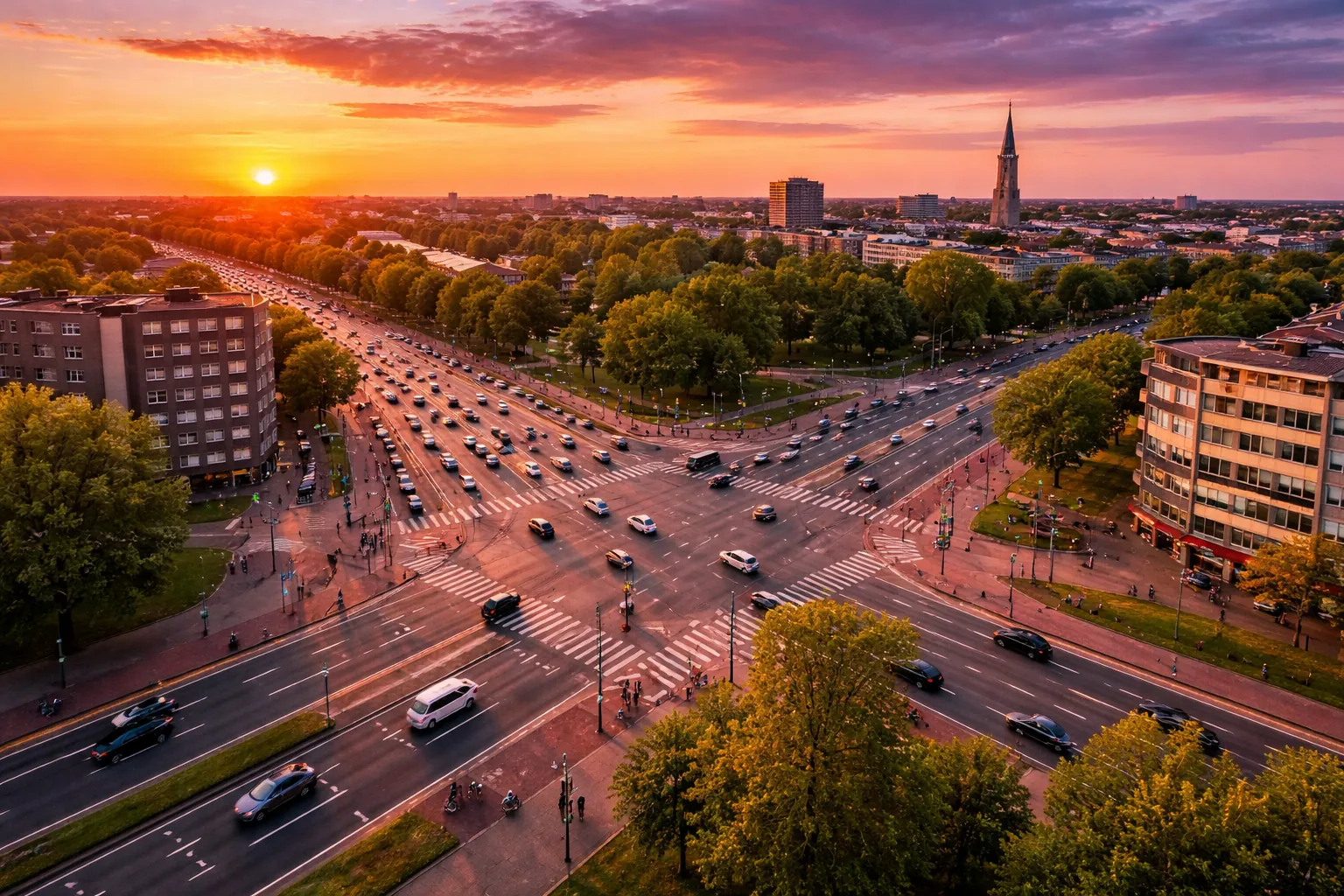 Kruispunt in Groningen van bovenaf bij zonsondergang