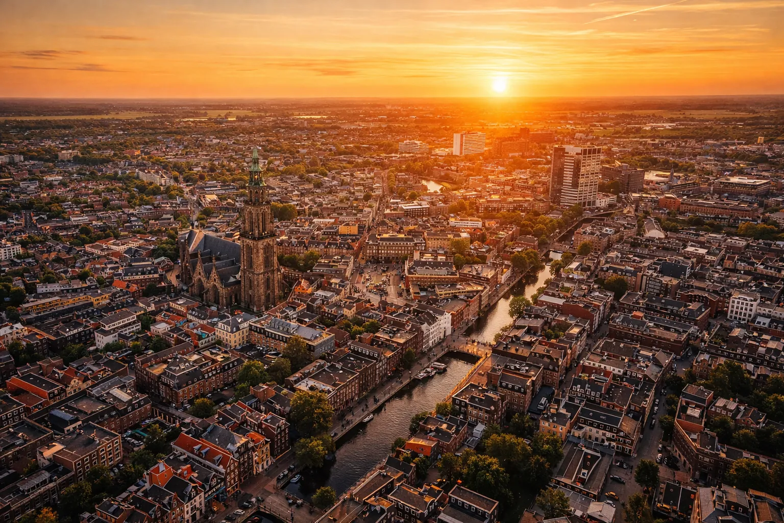 Luchtfoto van Groningen met de Martinitoren bij zonsondergang